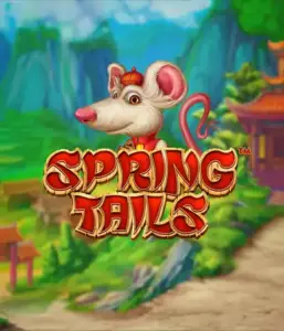 An enchanting illustration of a white rat dressed in traditional Chinese attire positioned in front of a vibrant landscape with mountains. The image represents the Spring Tails game by Betsoft, highlighted with bold red and gold logo lettering.