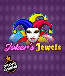 Discover the playful world of the Joker's Jewels game by Pragmatic Play, highlighting a charming joker's mask embellished with a multicolored jester hat. This image conveys the joyful spirit of casino gaming, set against a deep purple background. Perfect for fans of joker-themed slots, offering a delightful adventure. 