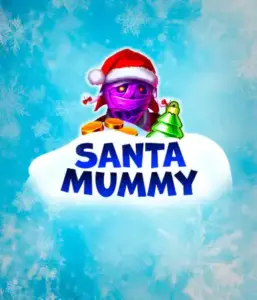  Experience the whimsical "Santa Mummy" slot game by Belatra, showcasing a mummified Santa dressed in festive holiday attire. This colorful image portrays the mummy with a bright purple hue, wearing a Santa hat, surrounded by snowy blue and frosty snowflakes. The game's title, "Santa Mummy," is prominently displayed in large, frost-like blue letters.